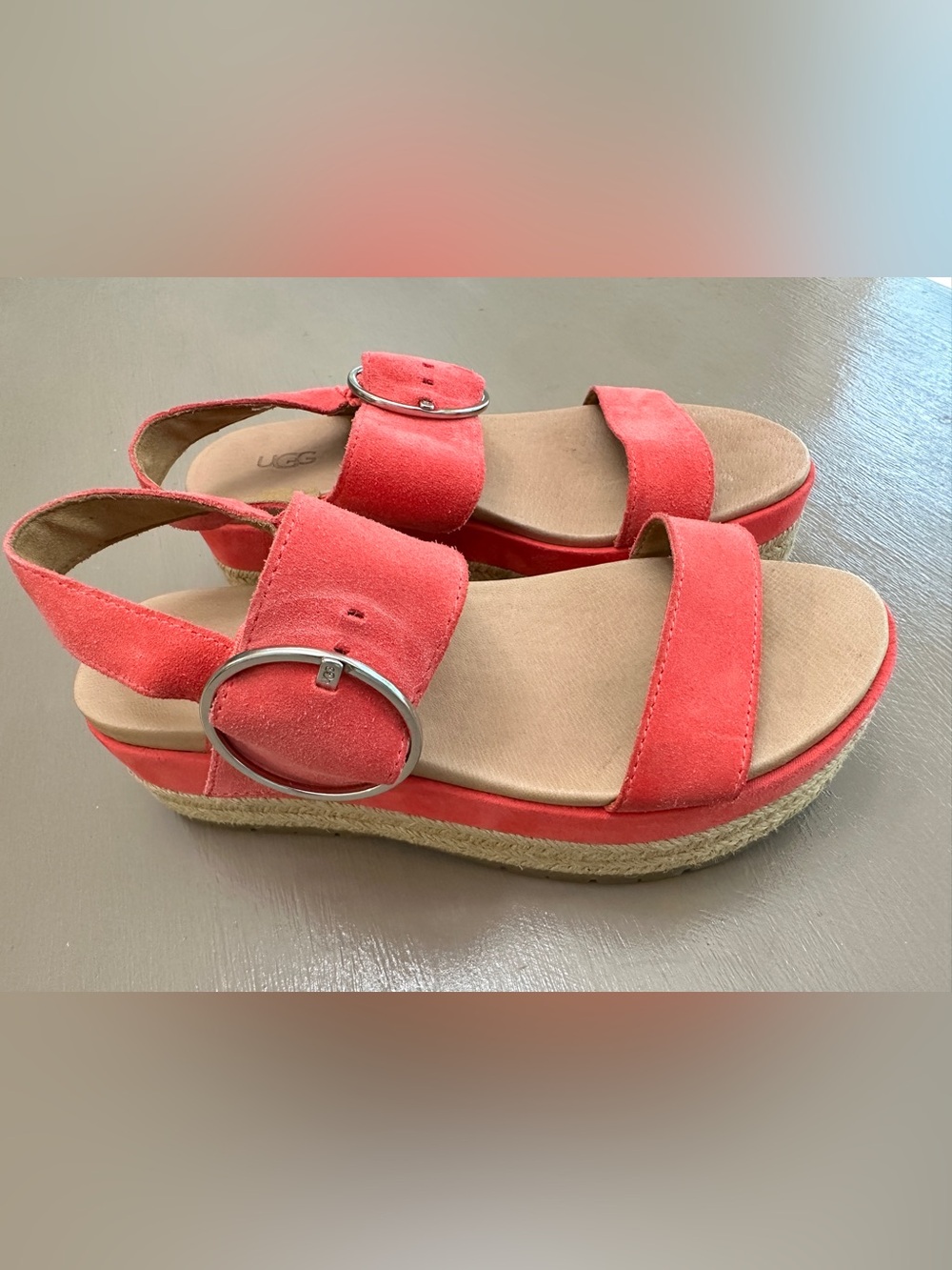 UGG April Platform Espadrille Sandals Coral Pink Suede Buckle Sz 7